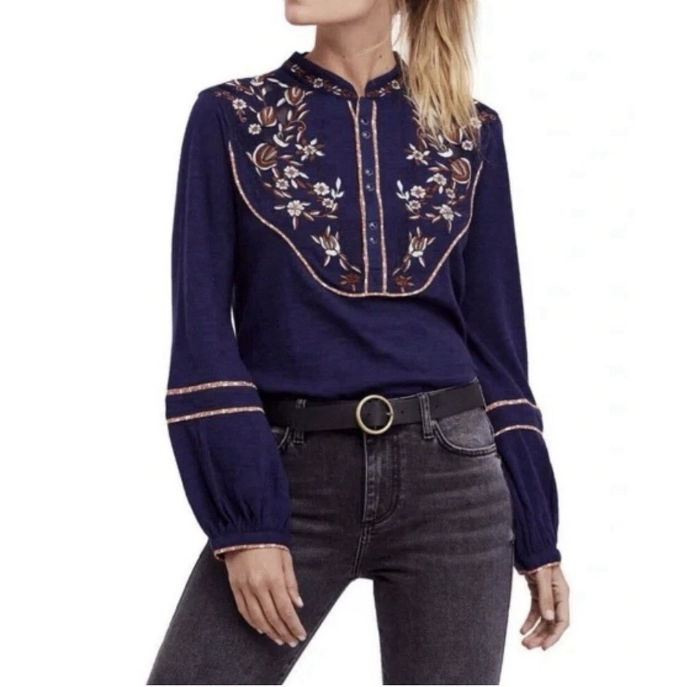 Free People Sundance Kid Embroidered Collar Henley Top sz XS